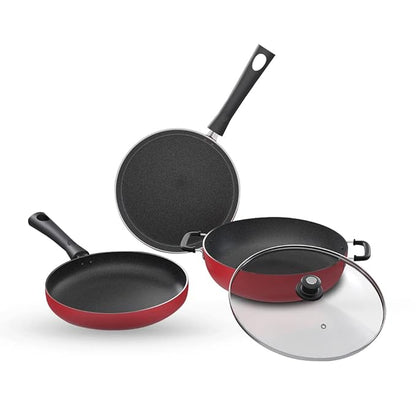 Lifelong Induction Base Non Stick Aluminium Cookware Set of 3| Nonstick Kadai with Glass Lid, 23cm| Nonstick Flat Tawa, 24cm| Nonstick Frying Pan, 22cm