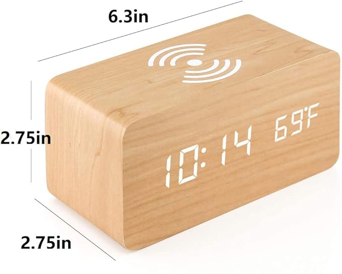 Wooden Digital Alarm Clock with Wireless Charging, an Alarm Clock for Heavy Sleepers Adults with 3 Alarms, Displays The Temperature, for Office, Bedroom