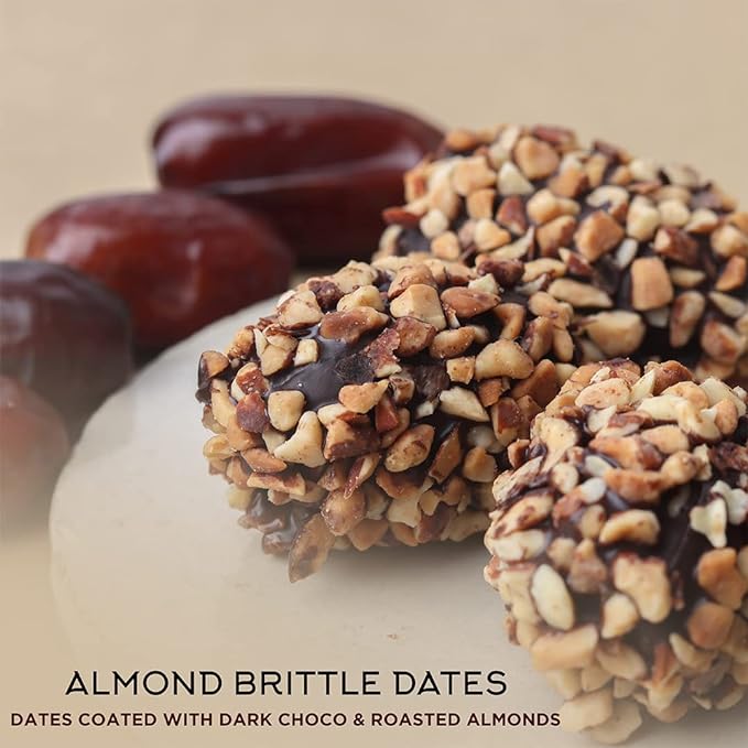 Almond Brittle Dates - 2 Packs X 11 Pc | Crunchy Dates Coated With Dark Choco & Roasted Almond | Gift Hamper | Morning Or Evening Snack, Fresh