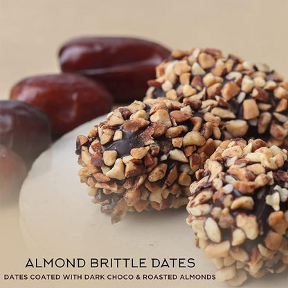 Almond Brittle Dates - 2 Packs X 11 Pc | Crunchy Dates Coated With Dark Choco & Roasted Almond | Gift Hamper | Morning Or Evening Snack, Fresh