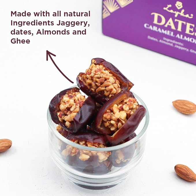 Caramel Almonds Dates Box - 2 boxes x 11 pc | Crunchy | No Refined Sugar Added | Made with Jaggery | Diet friendly |Healthy guilt-free morning/evening snack |Gluten-free|Gift