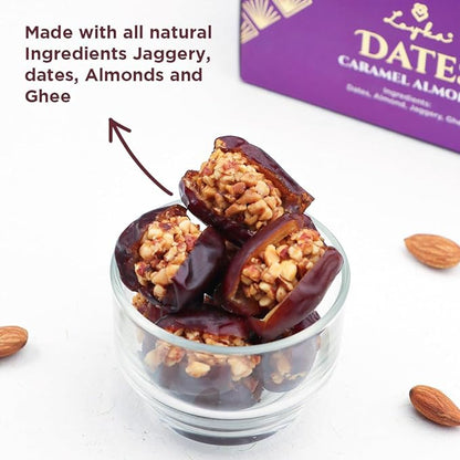 Caramel Almonds Dates Box - 2 boxes x 11 pc | Crunchy | No Refined Sugar Added | Made with Jaggery | Diet friendly |Healthy guilt-free morning/evening snack |Gluten-free|Gift