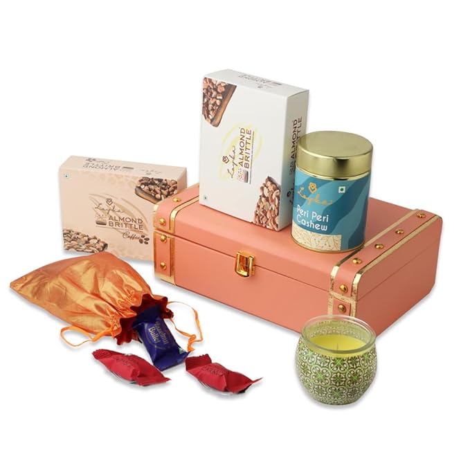 Premium Diwali Gift Hamper - Reusable Peach Trunk Box | Assorted Sweet & Savoury Gourmet Delicacies + Scented Candle | Dryfruit