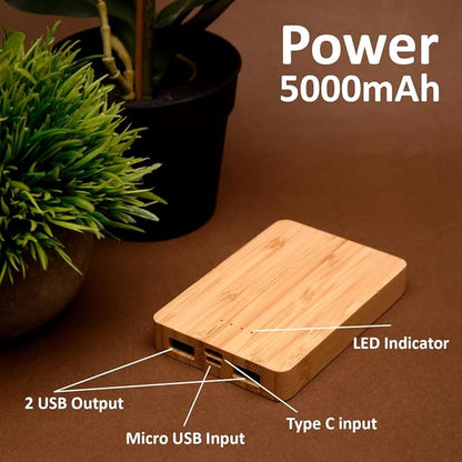 Wangari-Aspen Mini Bamboo 5000mAh Power Bank | Output:-2 USB HUB | Input:- 1 Type-C, 1 Micro USB | LED Indicator | Compatibility