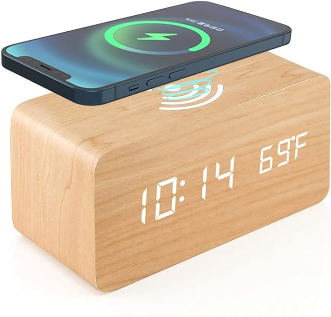 Wooden Digital Alarm Clock with Wireless Charging, an Alarm Clock for Heavy Sleepers Adults with 3 Alarms, Displays The Temperature, for Office, Bedroom