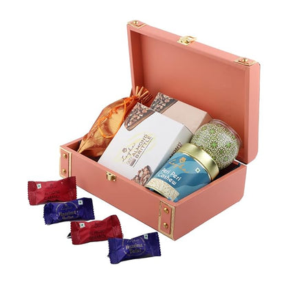 Premium Diwali Gift Hamper - Reusable Peach Trunk Box | Assorted Sweet & Savoury Gourmet Delicacies + Scented Candle | Dryfruit