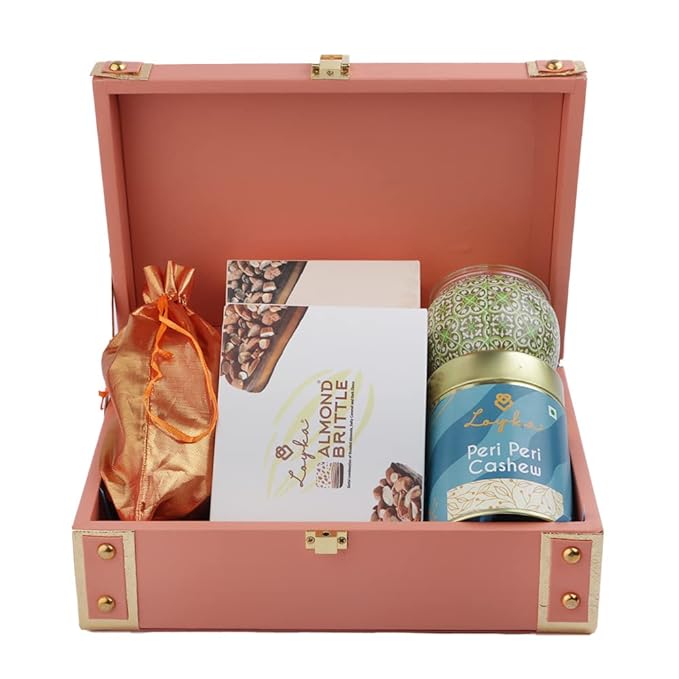 Premium Diwali Gift Hamper - Reusable Peach Trunk Box | Assorted Sweet & Savoury Gourmet Delicacies + Scented Candle | Dryfruit