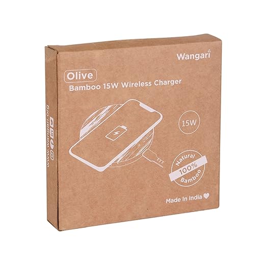 Wangari Olive 15W Round Wireless Bamboo Charger Waw9004|Compatible For Iphones13 |Iphone 14 |Iphone 15 | Android | Sustainable | Eco-Friendly | Wooden | Input Type C | Output 15W, Brown