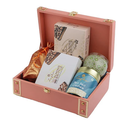 Premium Diwali Gift Hamper - Reusable Peach Trunk Box | Assorted Sweet & Savoury Gourmet Delicacies + Scented Candle | Dryfruit