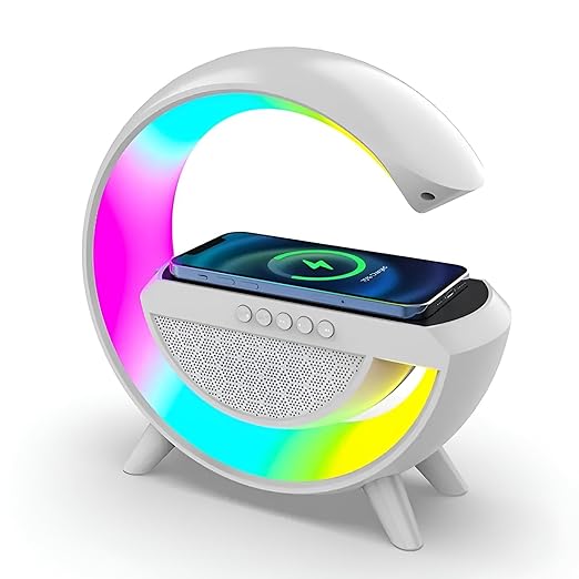 Multi-Function Bluetooth Speaker Lamp with Wireless Fast Charging, RGB Light with 8 Music Sync Modes, Dimmable Night Light Bedside Lamp for Android & iOS