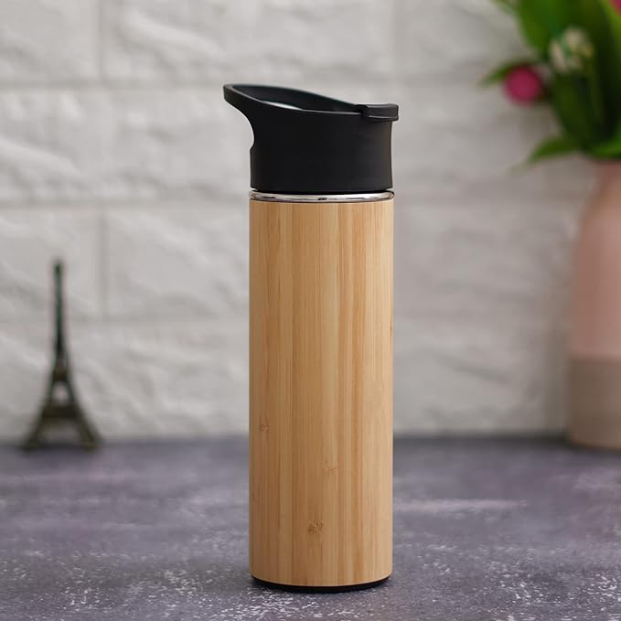 Natural Bamboo Stainless Steel Insulated Sipper Bottle with Detachable Tea Filter Strainer Eco Friendly Bamboo Water Bottle for Travellers 500ml