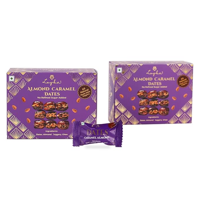 Caramel Almonds Dates Box - 2 boxes x 11 pc | Crunchy | No Refined Sugar Added | Made with Jaggery | Diet friendly |Healthy guilt-free morning/evening snack |Gluten-free|Gift