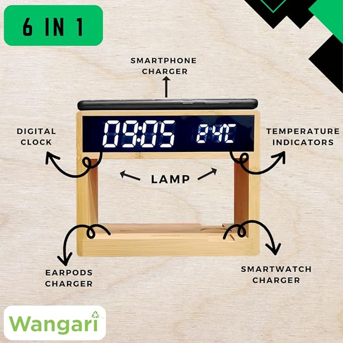 Wangari Cypress Bamboo 6 in 1 Wireless Charging Junction | Input:- Type-C | Qi-Certified Wireless Charger | Earbuds Charging | Watch Charging | Digital Clock | Lamp | Temperature Indicator