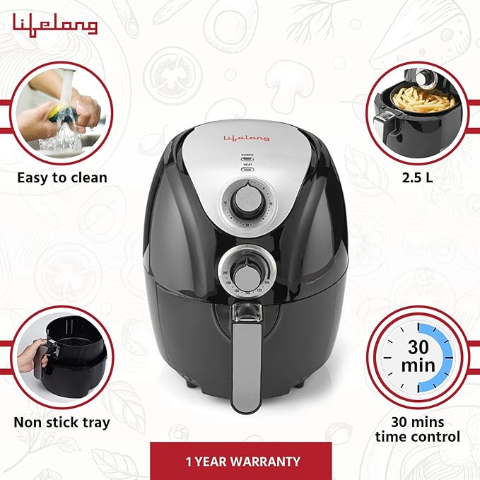 Lifelong LLHF21 HealthyFry Air Fryer 1200W with 2.5L Cooking Pan Capacity, Timer Selection and Fully Adjustable Temperature Control