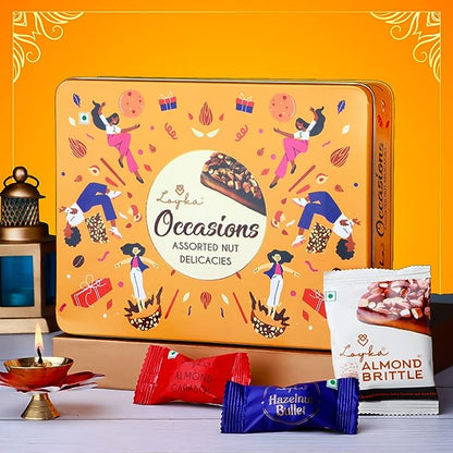 Occasions Assorted Nut Delicacies Reusable Tin Gift Box|Gift for all Occasions |Premium Chocolate Hamper| Choco Dry fruit Delicacy |Gift for Birthdays, Anniversary| Roasted Nuts (Almonds-Hazelnut)