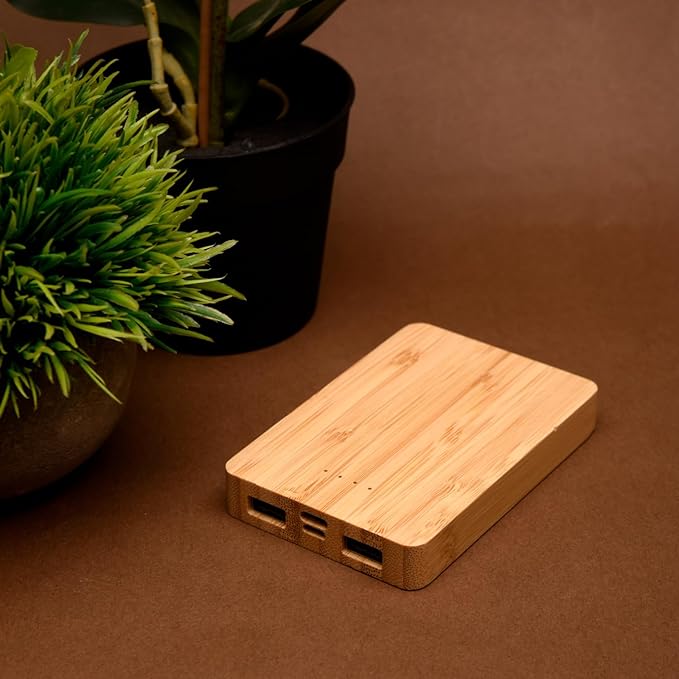 Wangari-Aspen Mini Bamboo 5000mAh Power Bank | Output:-2 USB HUB | Input:- 1 Type-C, 1 Micro USB | LED Indicator | Compatibility