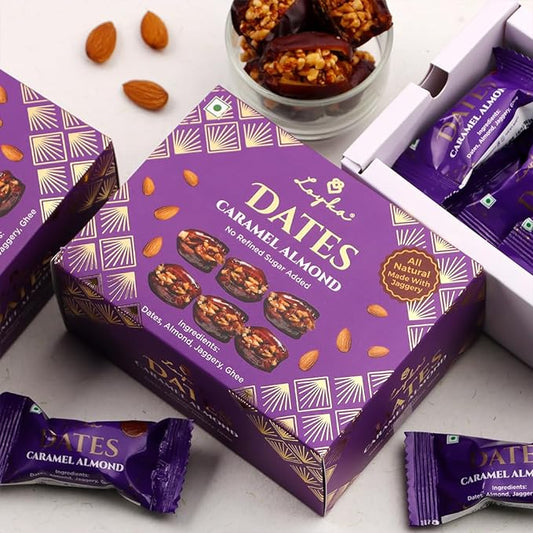 Caramel Almonds Dates Box - 2 boxes x 11 pc | Crunchy | No Refined Sugar Added | Made with Jaggery | Diet friendly |Healthy guilt-free morning/evening snack |Gluten-free|Gift