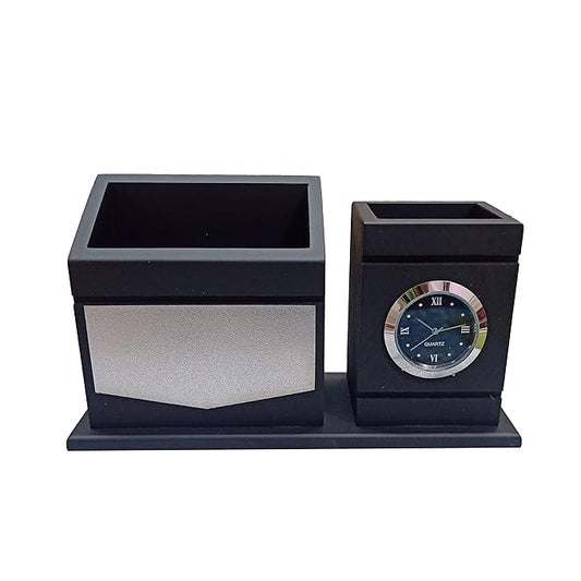 Black Wooden Pen Stand with Clock, Visiting Card & Mobile Holder, Luxury Design Multipurpose Desk Organizer for Office with Business Card Holder Black (20W x 10H x 8L) cm