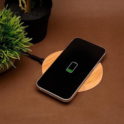 Wangari Olive 15W Round Wireless Bamboo Charger Waw9004|Compatible For Iphones13 |Iphone 14 |Iphone 15 | Android | Sustainable | Eco-Friendly | Wooden | Input Type C | Output 15W, Brown