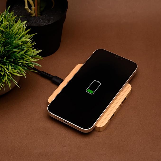 Wangari Pine 10 W Bamboo Wireless Charger with USB Hub | Sustainable | Eco-Friendly | Bamboo