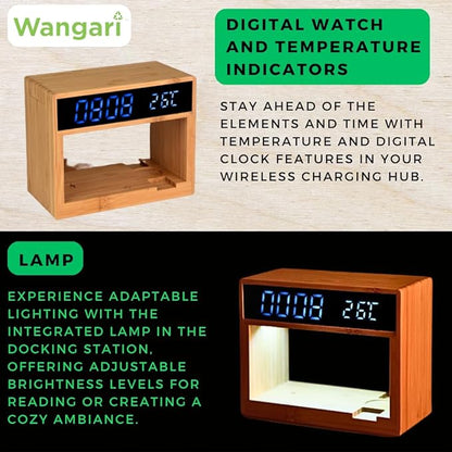 Wangari Cypress Bamboo 6 in 1 Wireless Charging Junction | Input:- Type-C | Qi-Certified Wireless Charger | Earbuds Charging | Watch Charging | Digital Clock | Lamp | Temperature Indicator