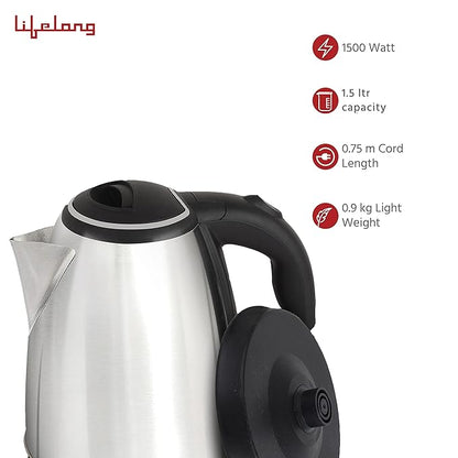 Lifelong LLEK15 Electric Kettle 1.5L with Stainless Steel Body, Easy and Fast Boiling of Water for Instant Noodles, Soup, Tea