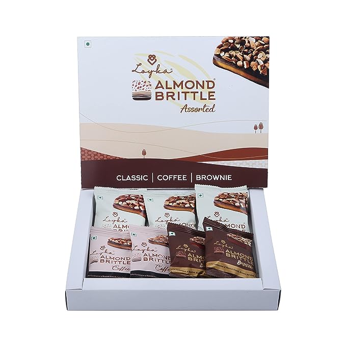 Almond Brittle Assorted Choco Box - 7 pcs | Premium Chocolate Gift Hamper | Choco & Nut Dryfruit Delicacy | Roasted California Almonds (45%), Dark Choco & Salted Caramel | Any-time snack