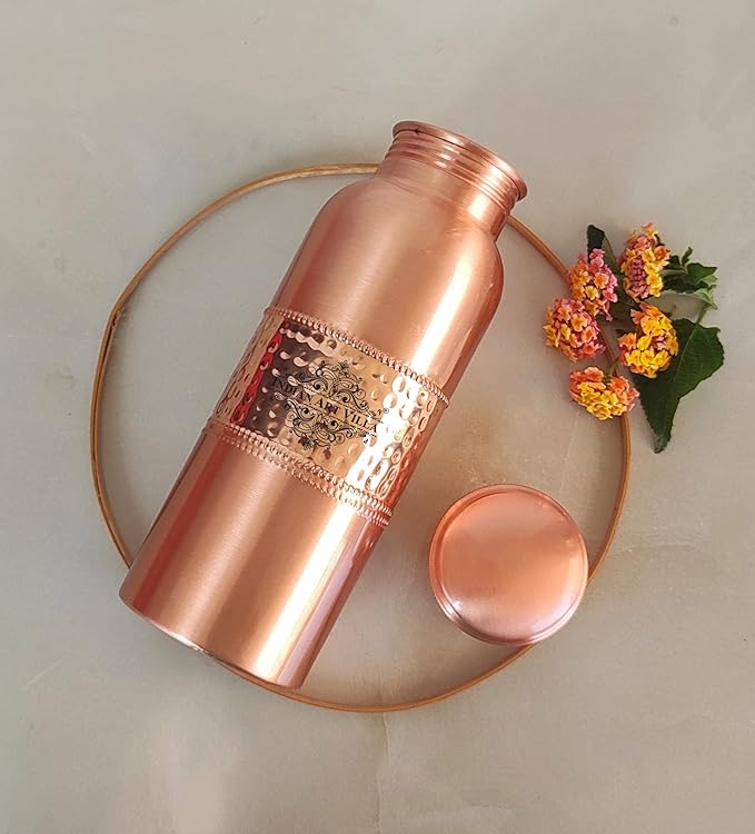 Pure Copper Water Bottle with Middle Hammered Matt Finish Design, Drinkware, Storage Purpose,