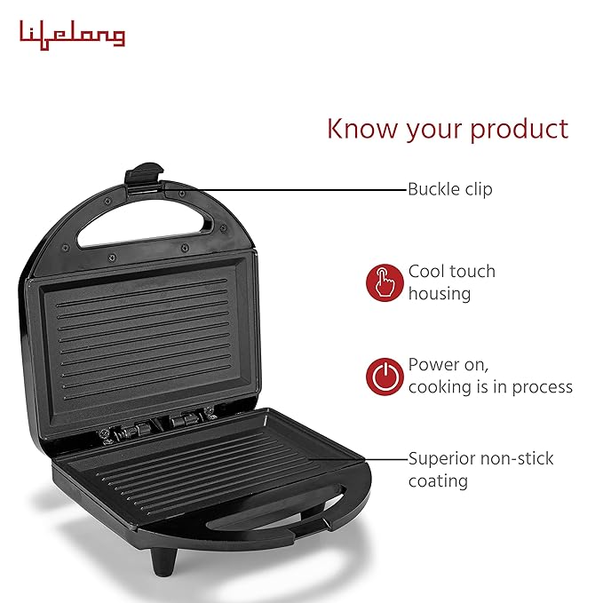 Lifelong LLSM120G Sandwich Griller, Classic Pro 750 W Sandwich Maker with 4 Slice Non-Stick Fixed Plates for Sandwiches at Home