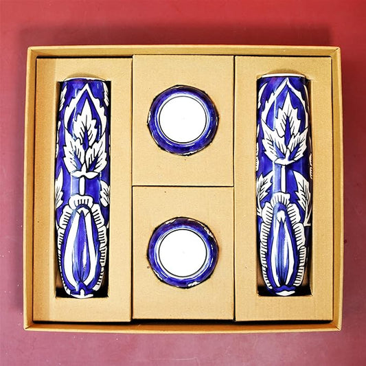 Diwali Good Gift Box for Plant Lover Combo 2 Indigo Mughal Ceramic Magnetic Planter with 2 Attractive Ceramic Diya