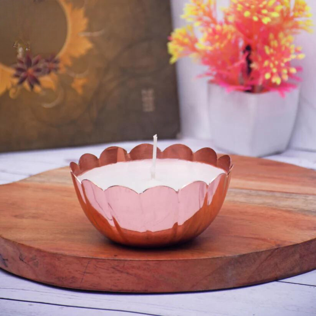 Copper Finish Votive with Lotus Rope Design Soy Wax Candle French Vanilla (Small)