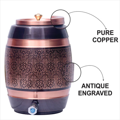 Pure Copper Water Dispenser Barrel Matka Antique Engraved Designed Capacity 5000 ML.