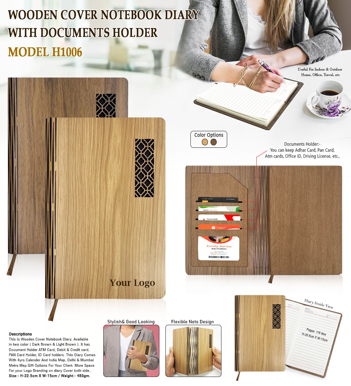 Wooden Cover Notebook Diary with documents Holder