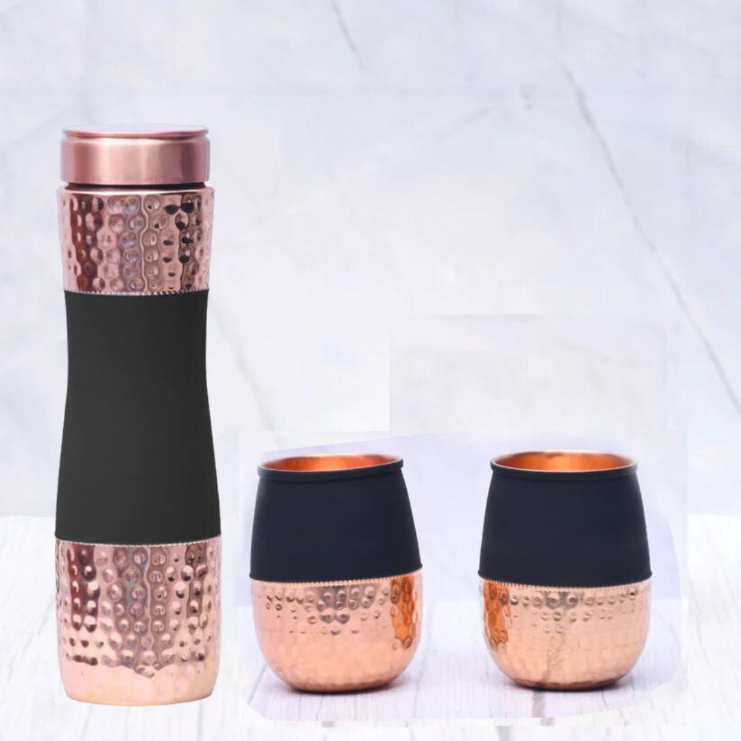 Pure Copper Water Bottle Multi - color Dholak  with 2 Glasses ( Set of 3 ) Capacity 1450 ML