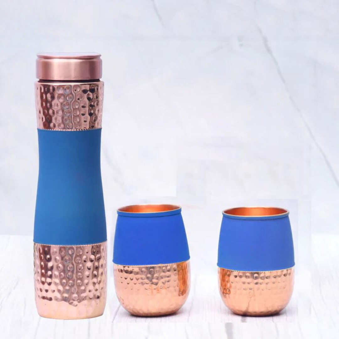 Pure Copper Water Bottle Multi - color Dholak  with 2 Glasses ( Set of 3 ) Capacity 1450 ML