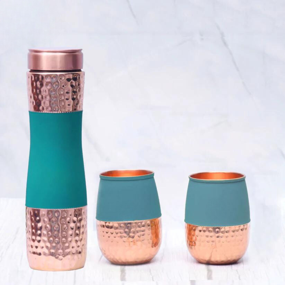 Pure Copper Water Bottle Multi - color Dholak  with 2 Glasses ( Set of 3 ) Capacity 1450 ML