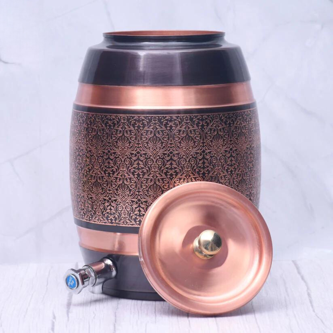 Pure Copper Water Dispenser Barrel Matka Antique Engraved Designed Capacity 5000 ML.