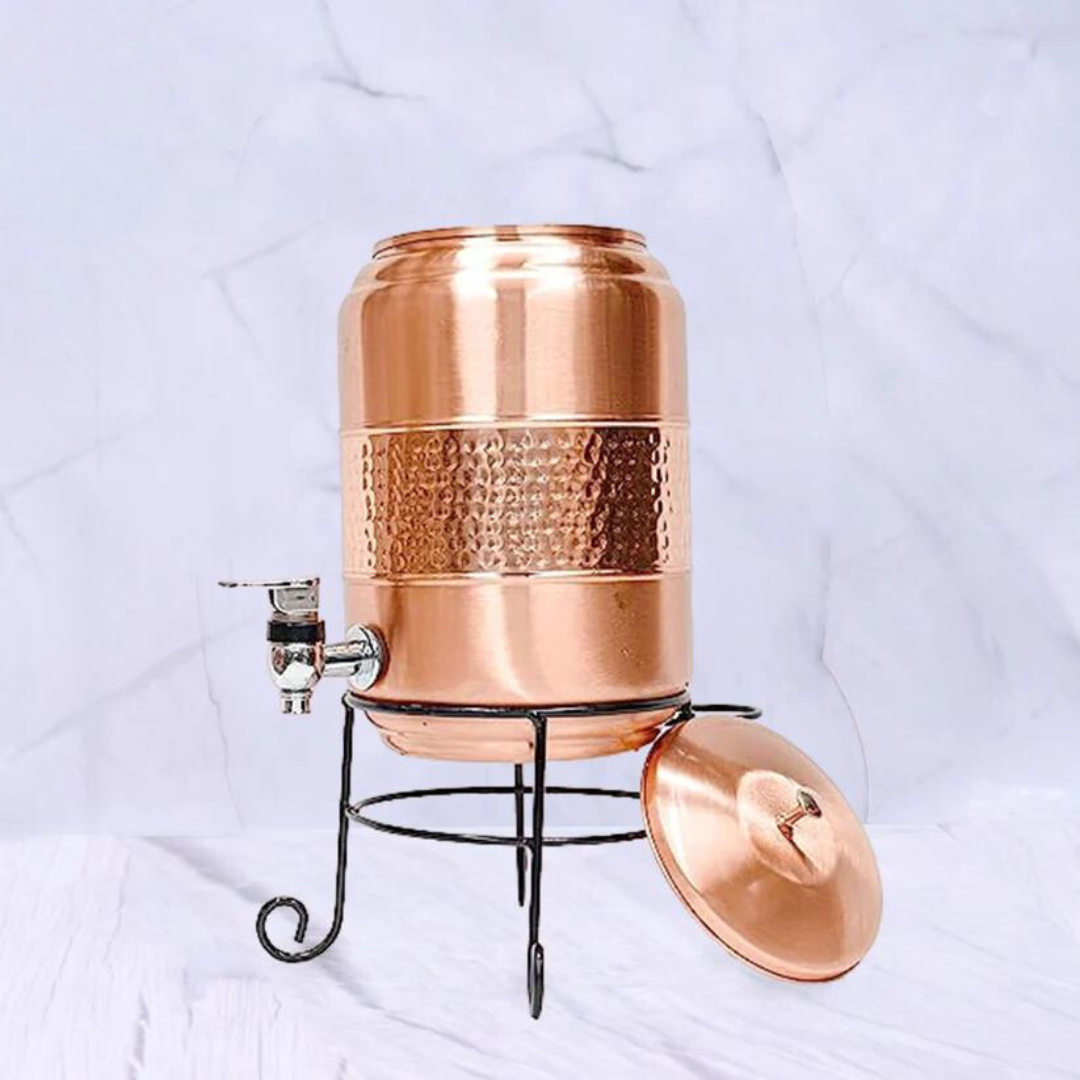 Pure Copper Half Hammered Water Dispenser with Glass and Stand (Matka) Combo 5000ml