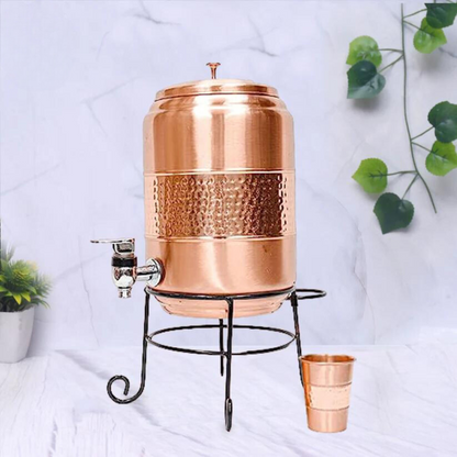 Pure Copper Half Hammered Water Dispenser with Glass and Stand (Matka) Combo 5000ml