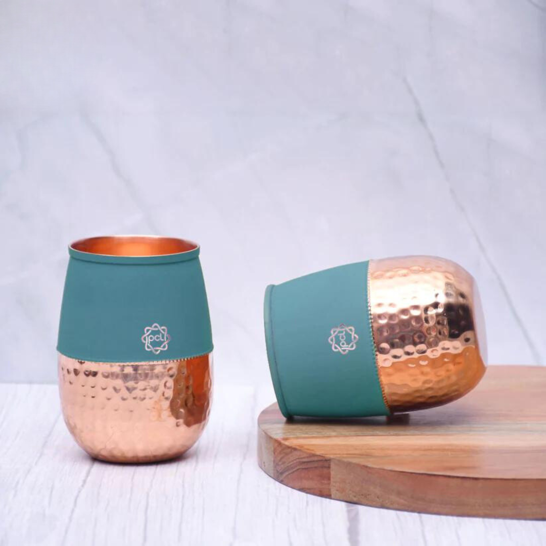 Pure Copper Water Glass Set of 2 Silk colored Cherry Half Hammered Dholak Tumbler Capacity 250ML