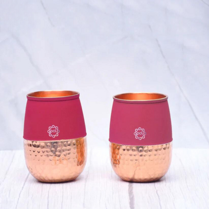 Pure Copper Water Glass Set of 2 Silk colored Cherry Half Hammered Dholak Tumbler Capacity 250ML