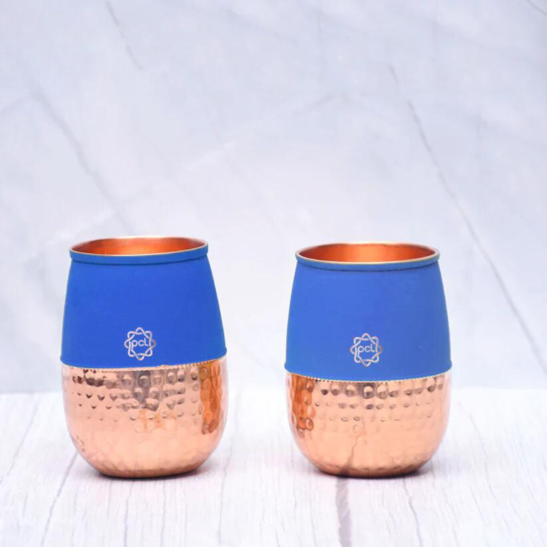 Pure Copper Water Glass Set of 2 Silk colored Cherry Half Hammered Dholak Tumbler Capacity 250ML