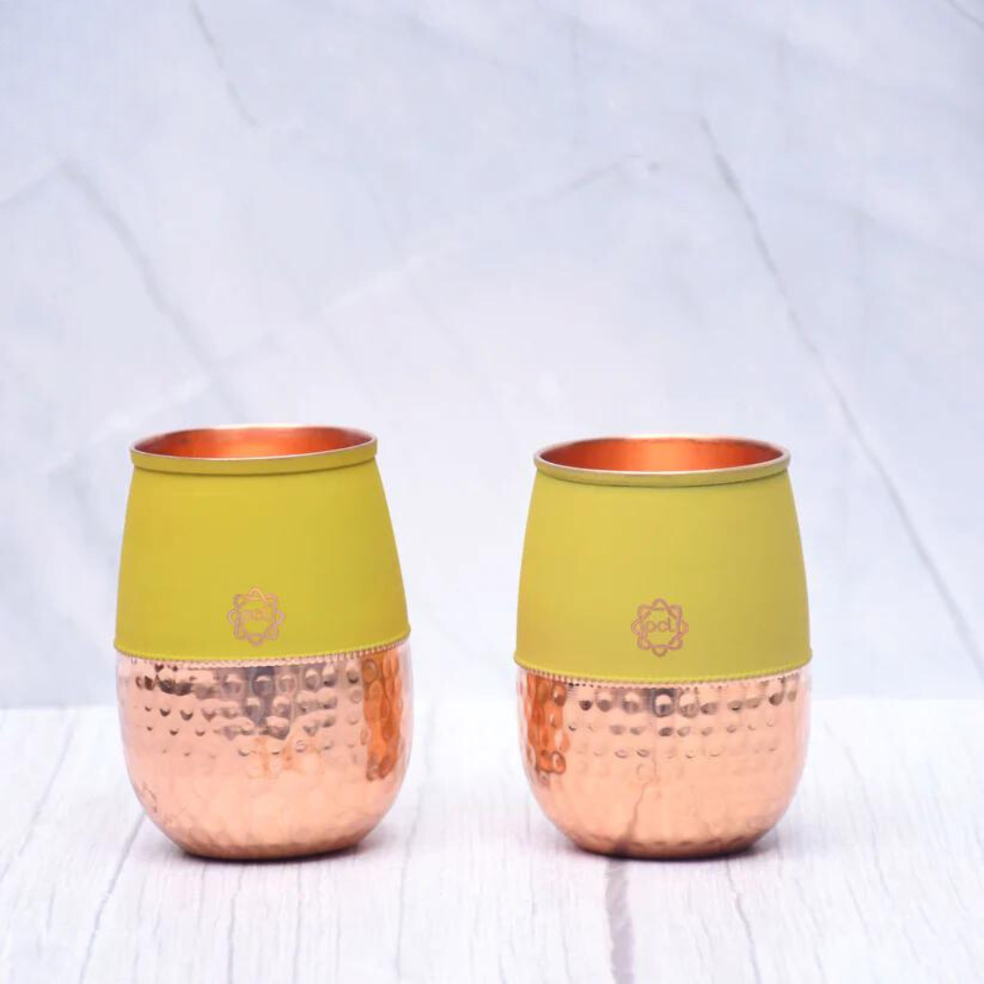 Pure Copper Water Glass Set of 2 Silk colored Cherry Half Hammered Dholak Tumbler Capacity 250ML