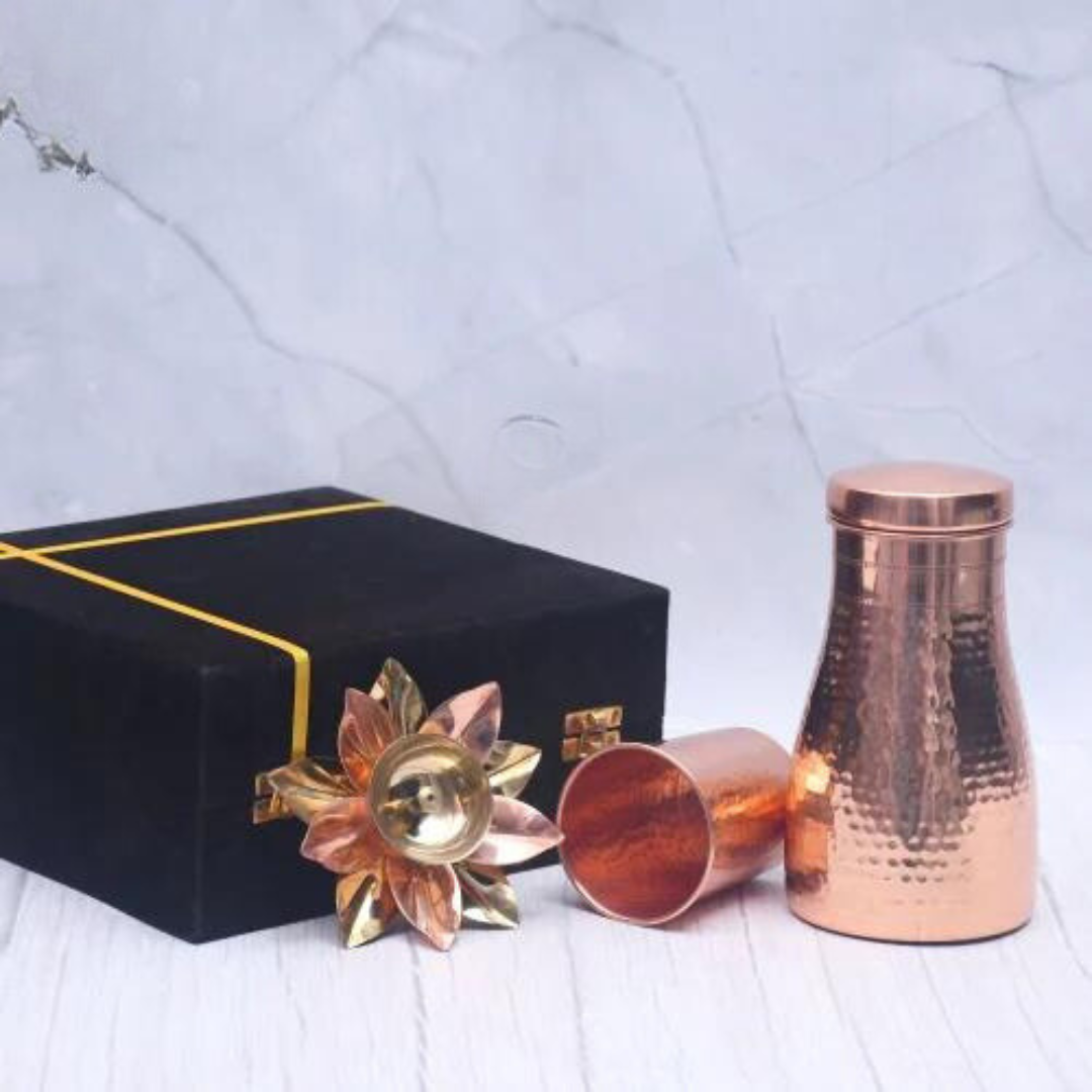 Exclusive Combo of Copper Bedroom Jar with Glass and Pooja Lotus Diya with Royal Gifting Box