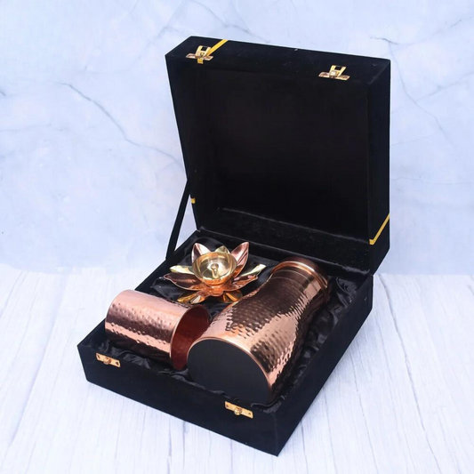 Exclusive Combo of Copper Bedroom Jar with Glass and Pooja Lotus Diya with Royal Gifting Box