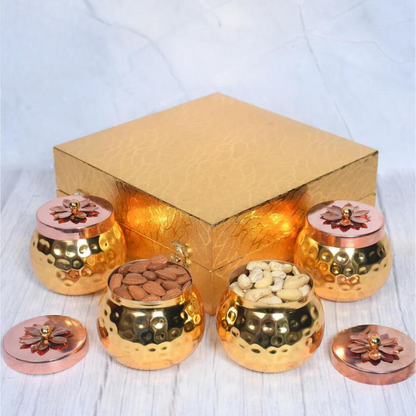 Exclusive Golden Hammered Dry-Fruit Pot with Gifting Box Set of 4