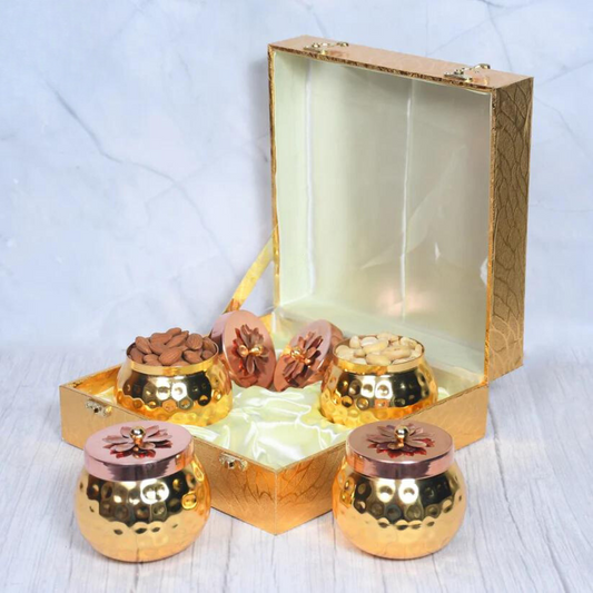 Exclusive Golden Hammered Dry-Fruit Pot with Gifting Box Set of 4