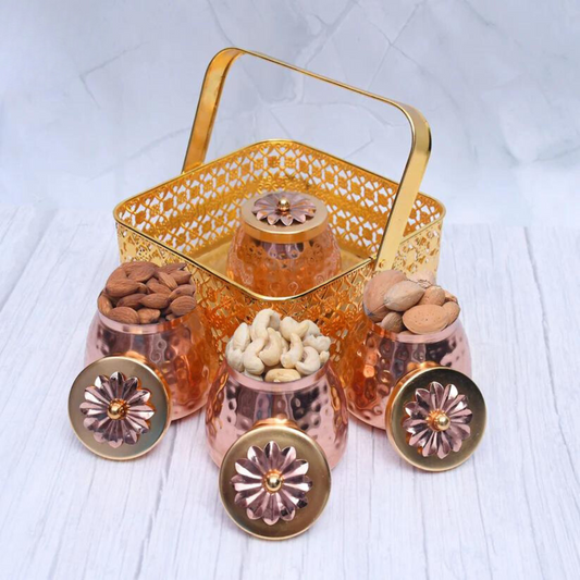 Exclusive Basket with 4 Dry Fruit Container Pot with Copper Hammered Finish For Multi-Purposes