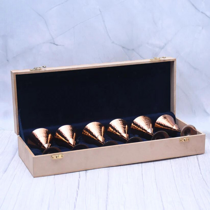 Beautifully Designed Copper Finished Tequila Glass Set of 6 With Wooden Box Barware