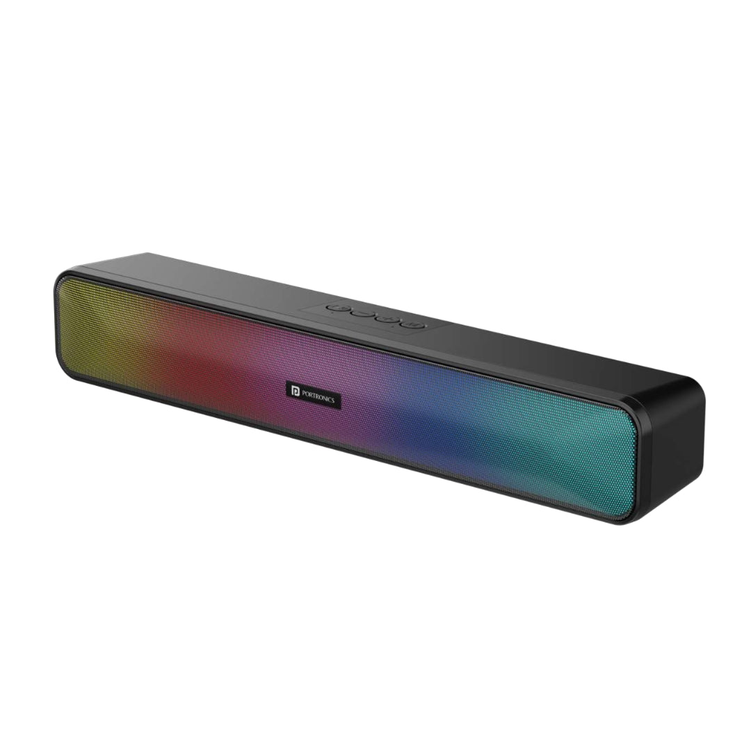 Portronics Radian 16W Bluetooth Stereo Soundbar with Multicolour LED Lights, in-Built FM Radio, Built in Mic, Aux in 3.5mm, Micro SD Slot(Black)